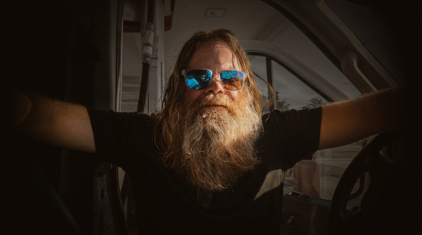 Founder of Gents Forge in the cab of his work truck — long beard, sunglasses, black shirt, rugged everyday work setting.