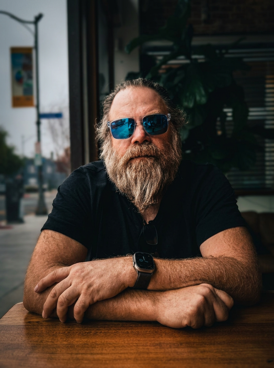 Gents Forge founder at a cafe in sunglasses with a mid-length beard.